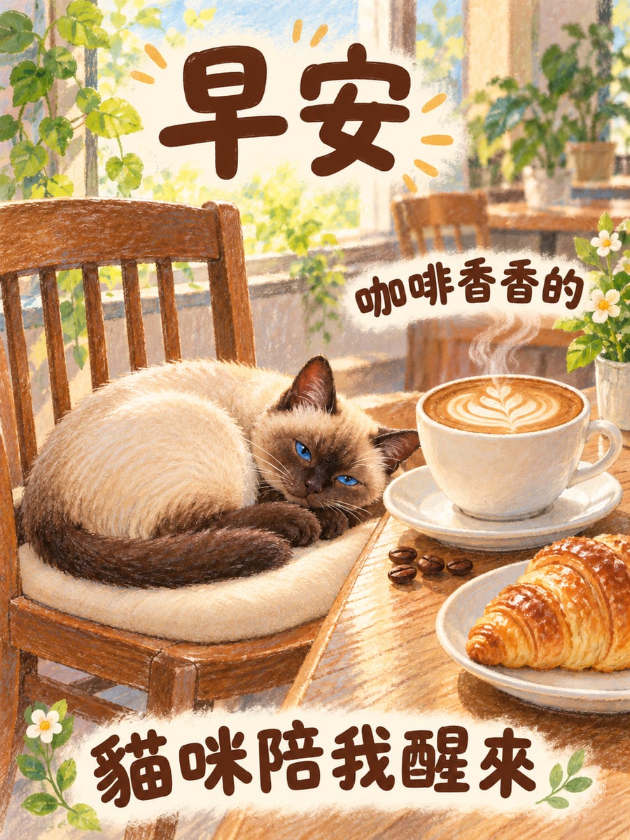 暹羅貓陪喝咖啡。圖中文字：早安，咖啡香香的，貓咪陪我醒來