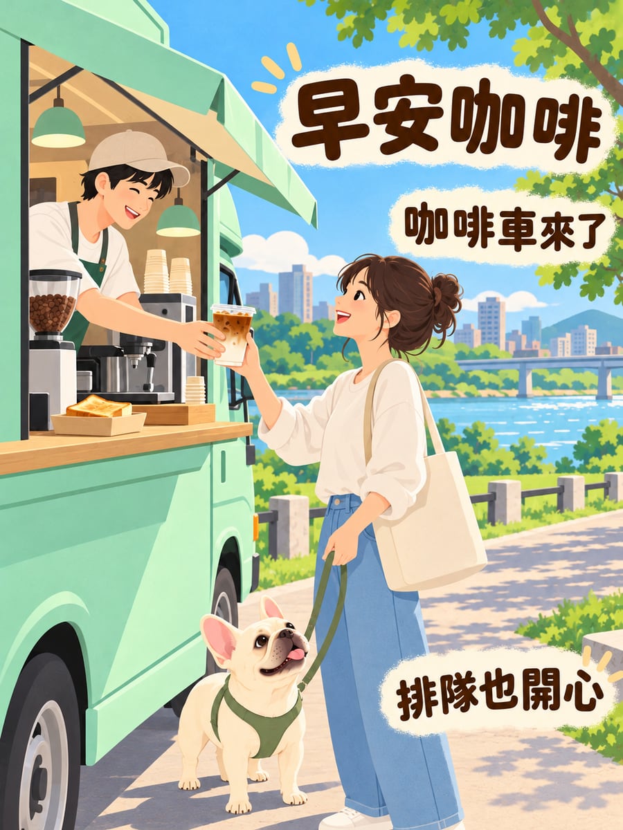 法鬥與咖啡車。圖中文字：早安咖啡，咖啡車來了，排隊也開心