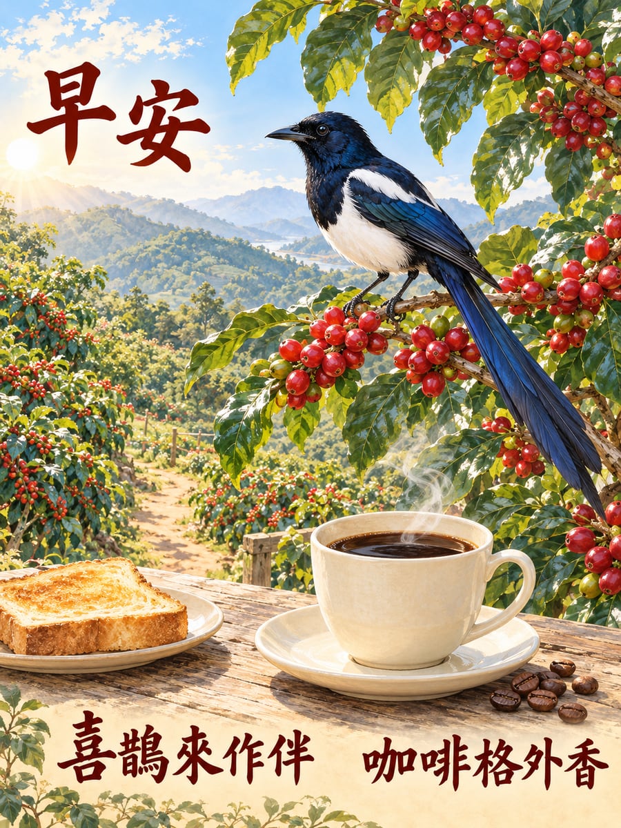 喜鵲停在咖啡枝頭。圖中文字：早安，喜鵲來作伴，咖啡格外香