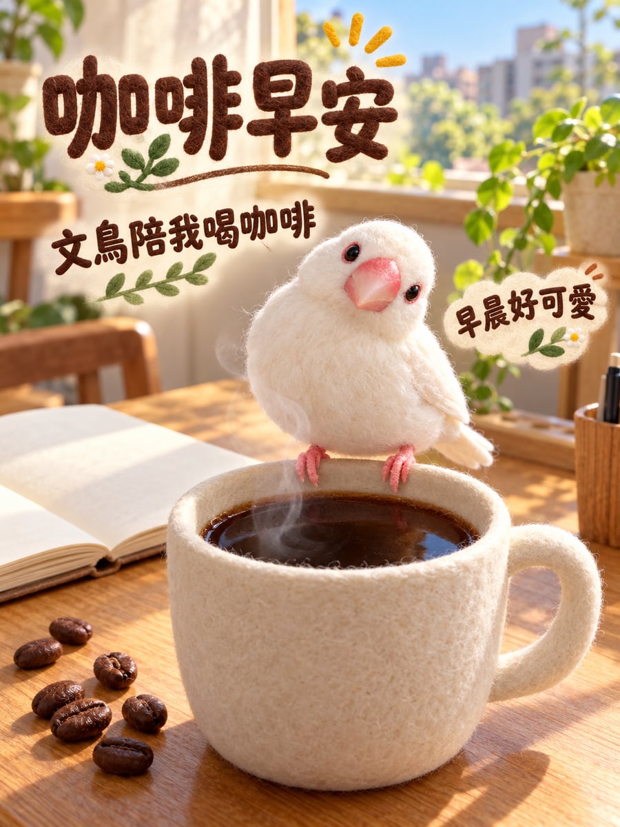文鳥陪我喝咖啡。圖中文字：咖啡早安，文鳥陪我喝咖啡，早晨好可愛