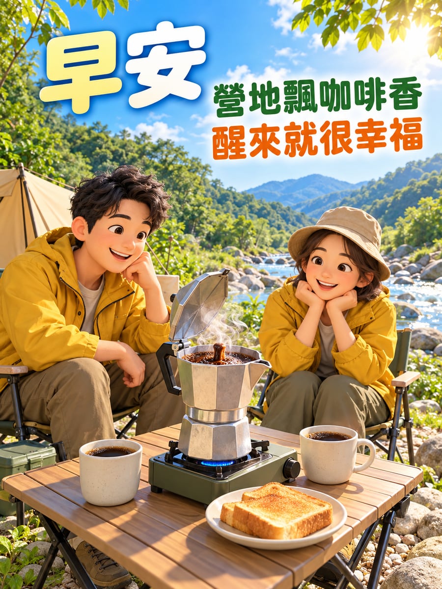 營地摩卡壺。圖中文字：早安，營地飄咖啡香，醒來就很幸福