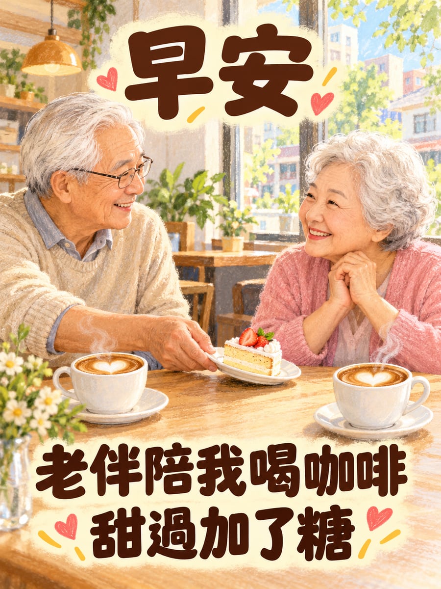 老夫妻喝拿鐵。圖中文字：早安，老伴陪我喝咖啡，甜過加了糖