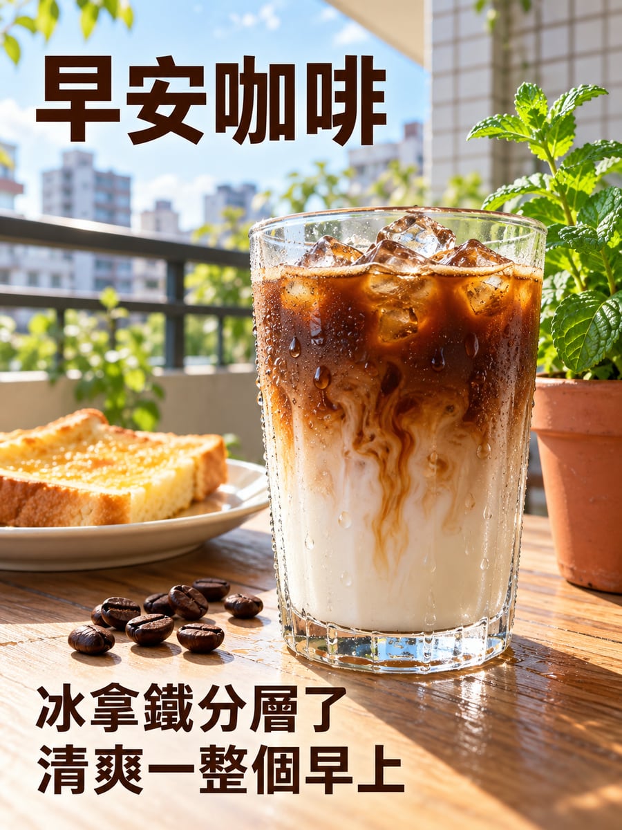 冰拿鐵分層。圖中文字：早安咖啡，冰拿鐵分層了，清爽一整個早上