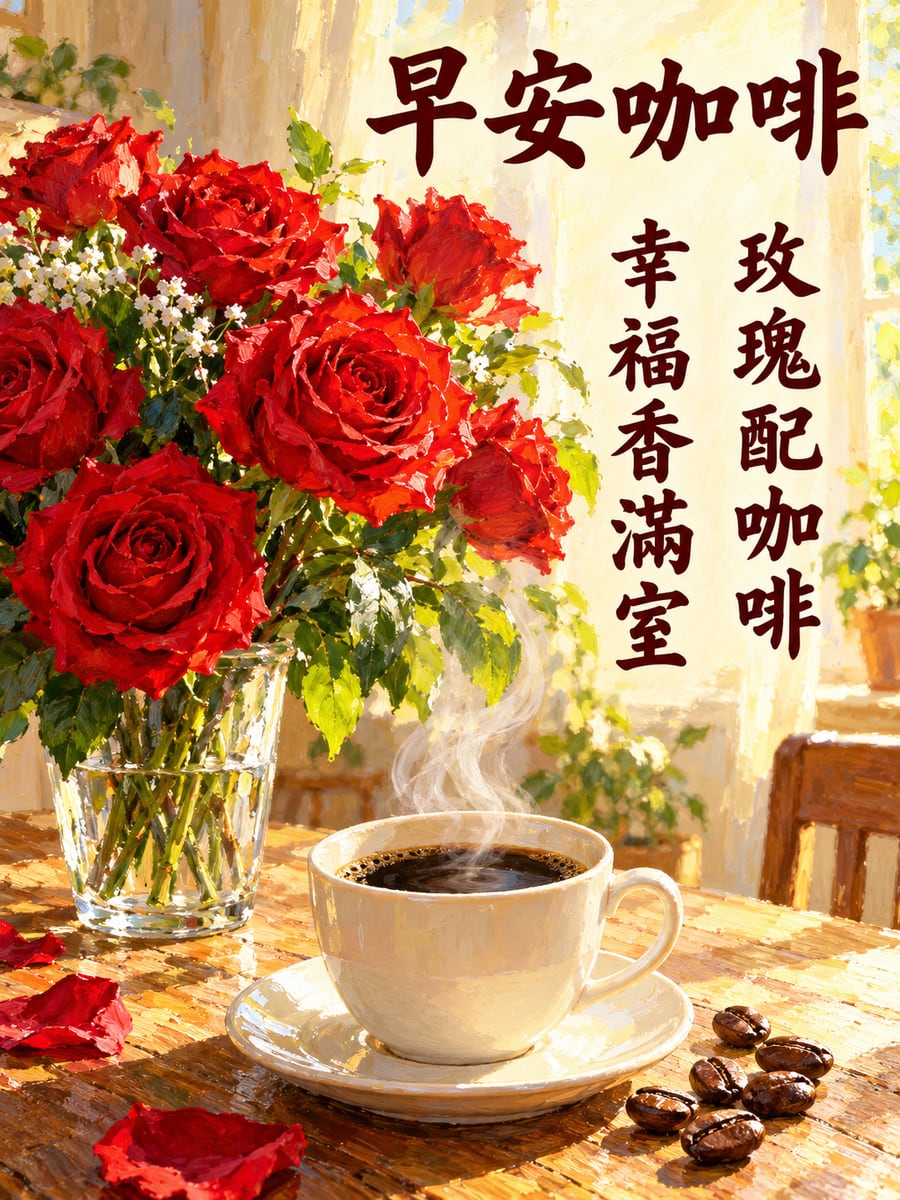 玫瑰配咖啡。圖中文字：早安咖啡，玫瑰配咖啡，幸福香滿室