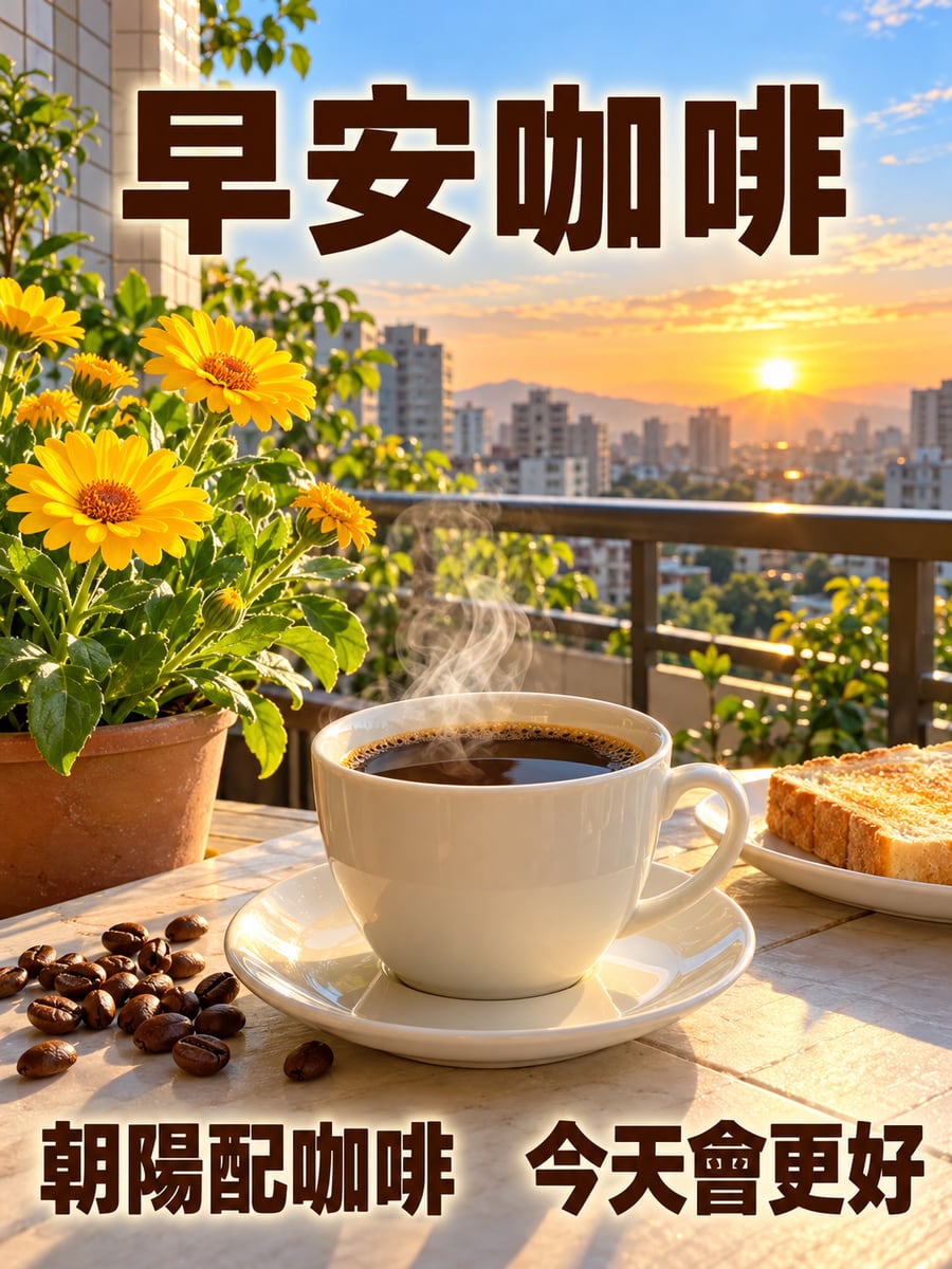 朝陽配咖啡。圖中文字：早安咖啡，朝陽配咖啡，今天會更好