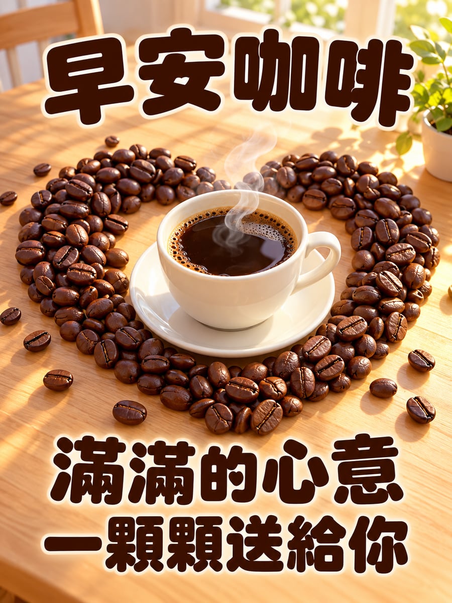咖啡豆排成愛心。圖中文字：早安咖啡，滿滿的心意，一顆顆送給你