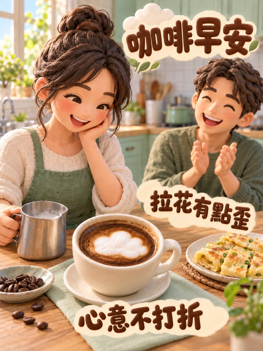 拉花有點歪。圖中文字：咖啡早安，拉花有點歪，心意不打折