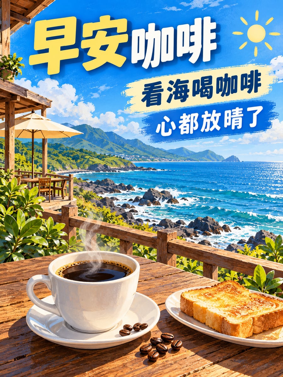看海喝咖啡。圖中文字：早安咖啡，看海喝咖啡，心都放晴了
