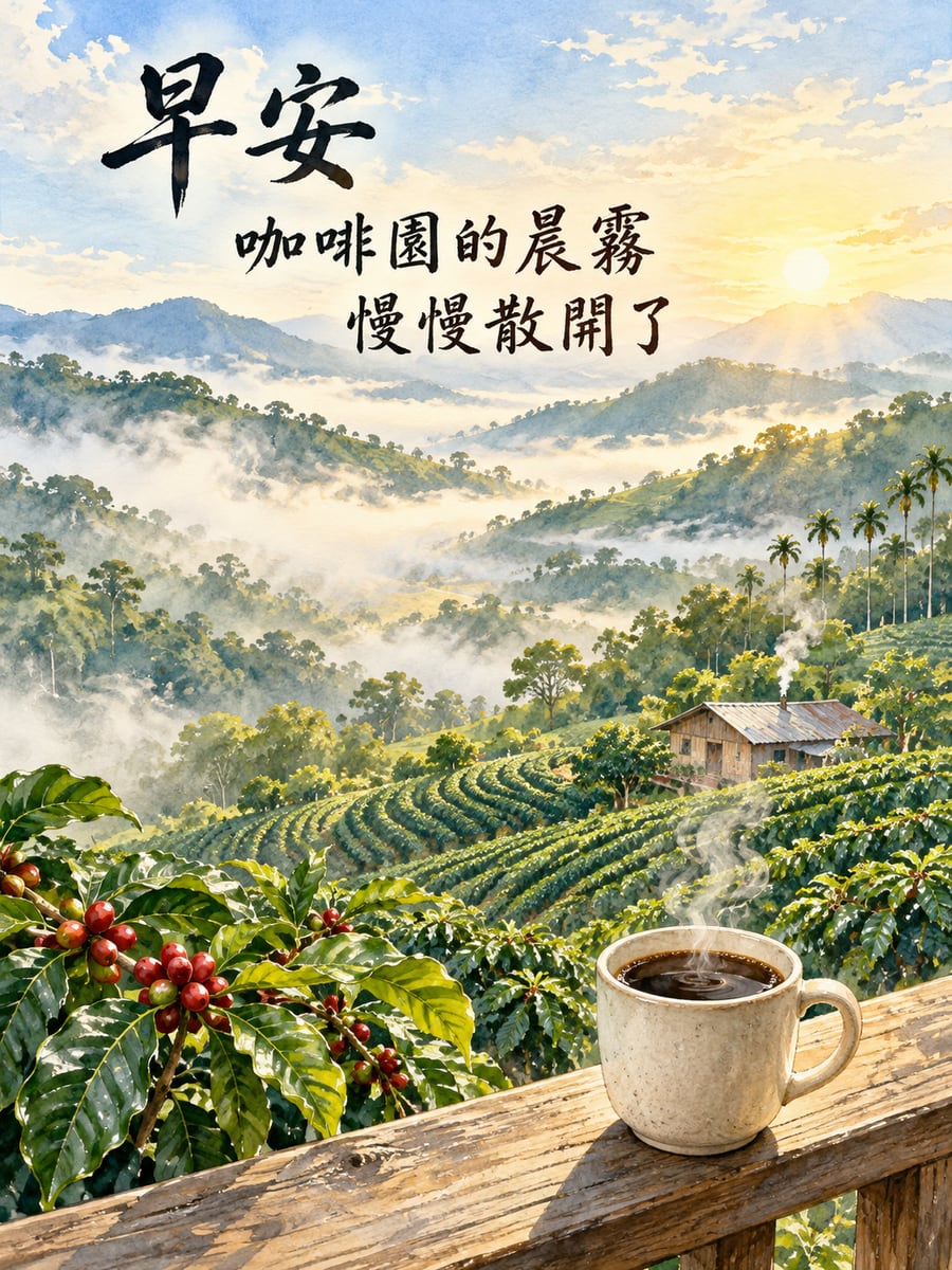 咖啡園的晨霧。圖中文字：早安，咖啡園的晨霧，慢慢散開了