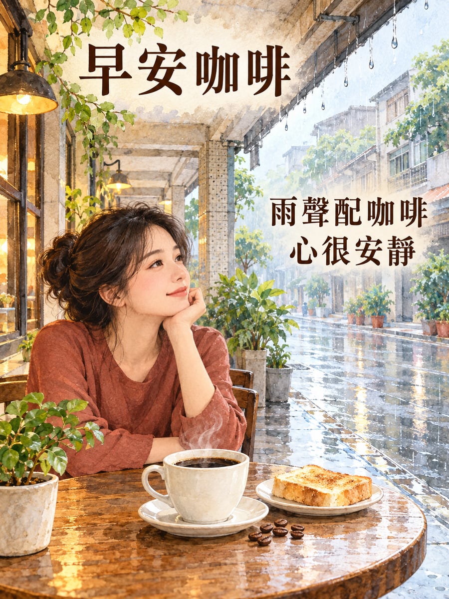 雨聲配咖啡。圖中文字：早安咖啡，雨聲配咖啡，心很安靜