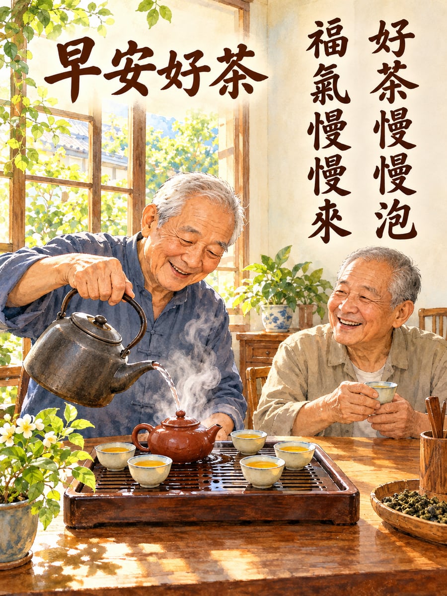阿公泡老人茶。圖中文字：早安好茶，好茶慢慢泡，福氣慢慢來