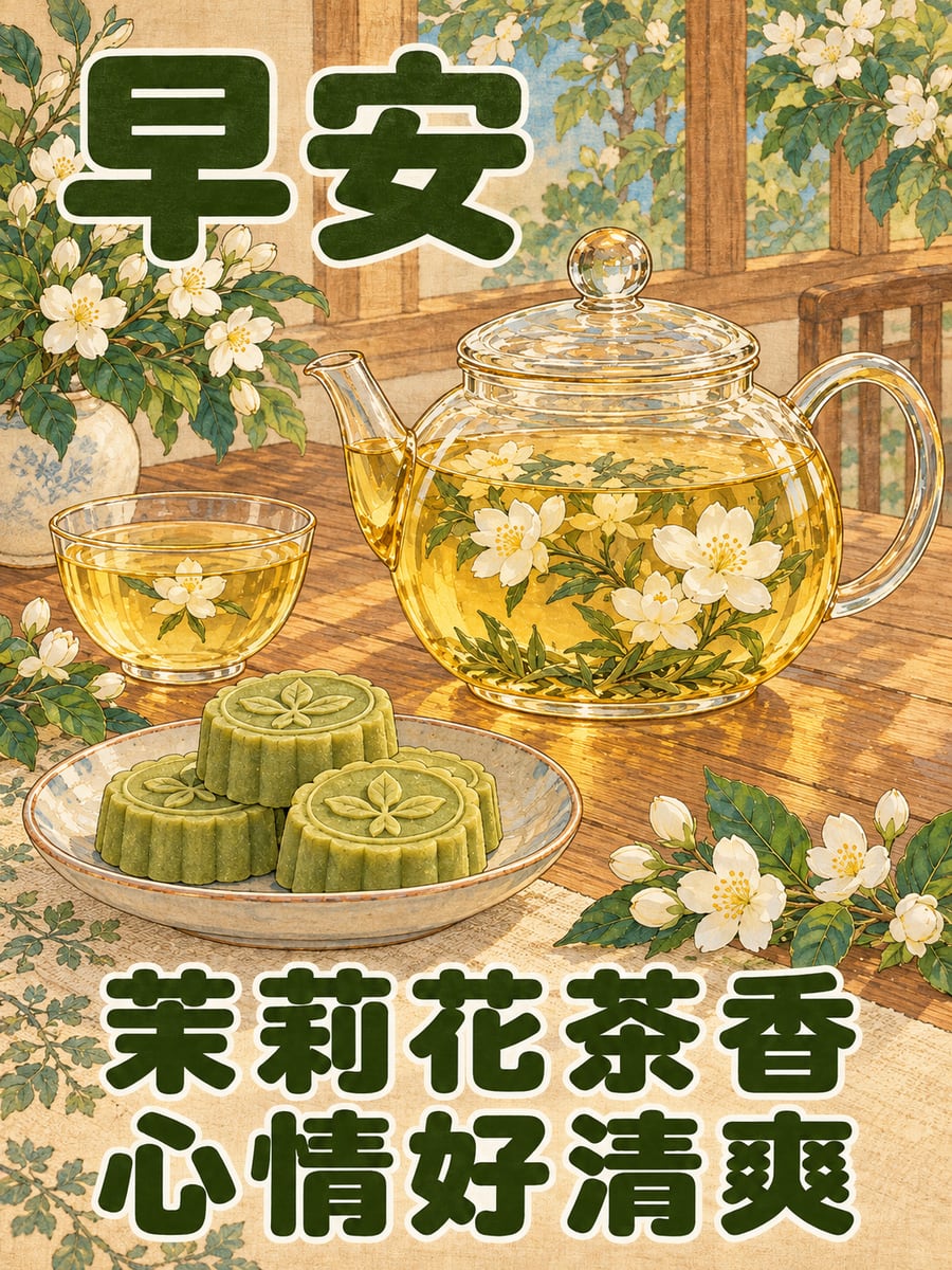 茉莉花茶。圖中文字：早安，茉莉花茶香，心情好清爽