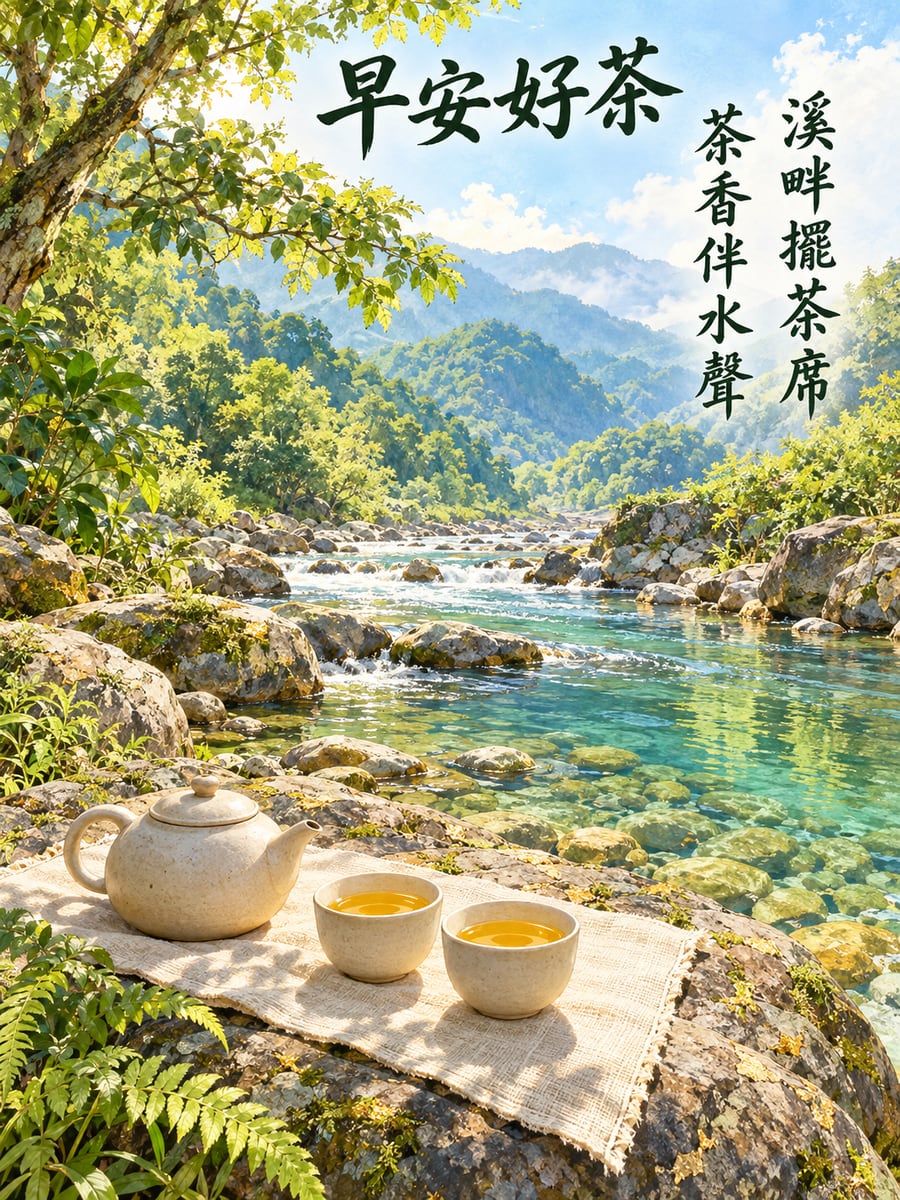 溪畔茶席。圖中文字：早安好茶，溪畔擺茶席，茶香伴水聲