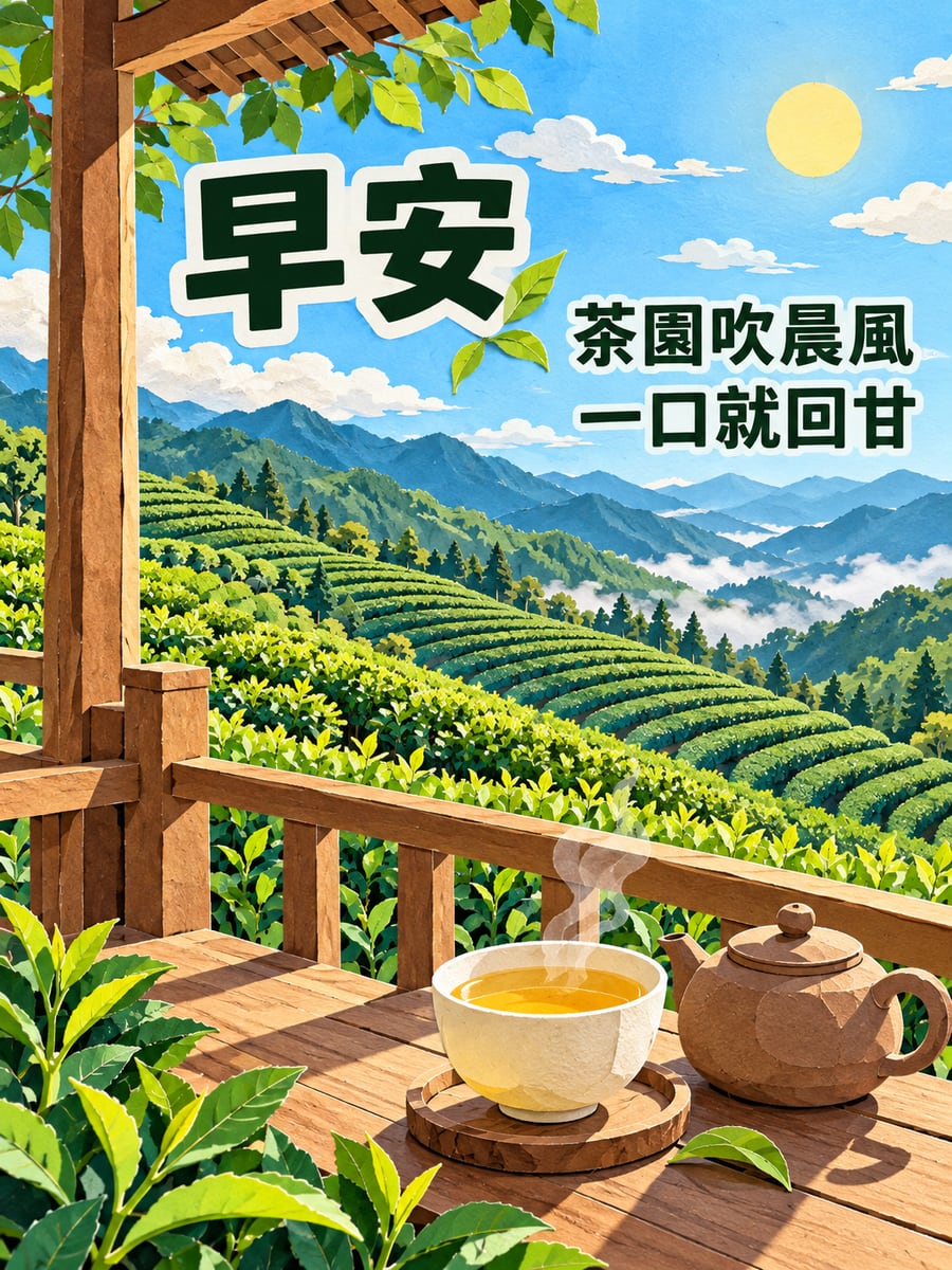 茶園涼亭一杯茶。圖中文字：早安，茶園吹晨風，一口就回甘