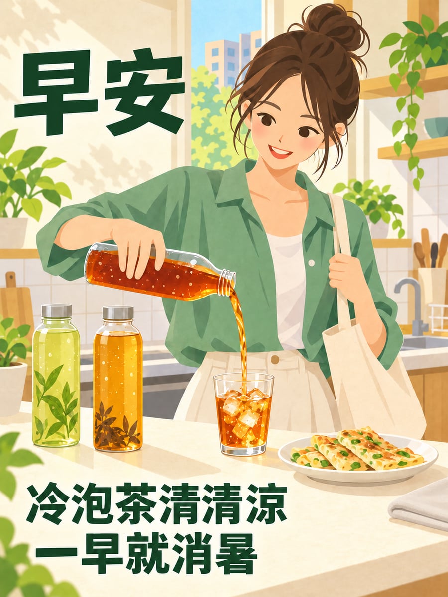 冷泡茶三瓶。圖中文字：早安，冷泡茶清清涼，一早就消暑