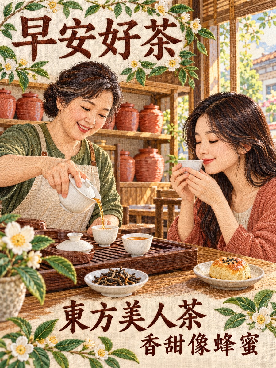 東方美人茶。圖中文字：早安好茶，東方美人茶，香甜像蜂蜜