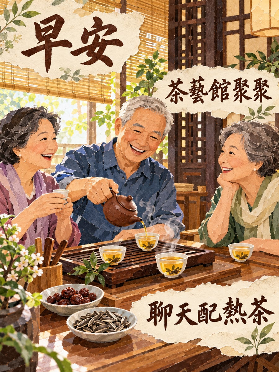 茶藝館聚聚。圖中文字：早安，茶藝館聚聚，聊天配熱茶