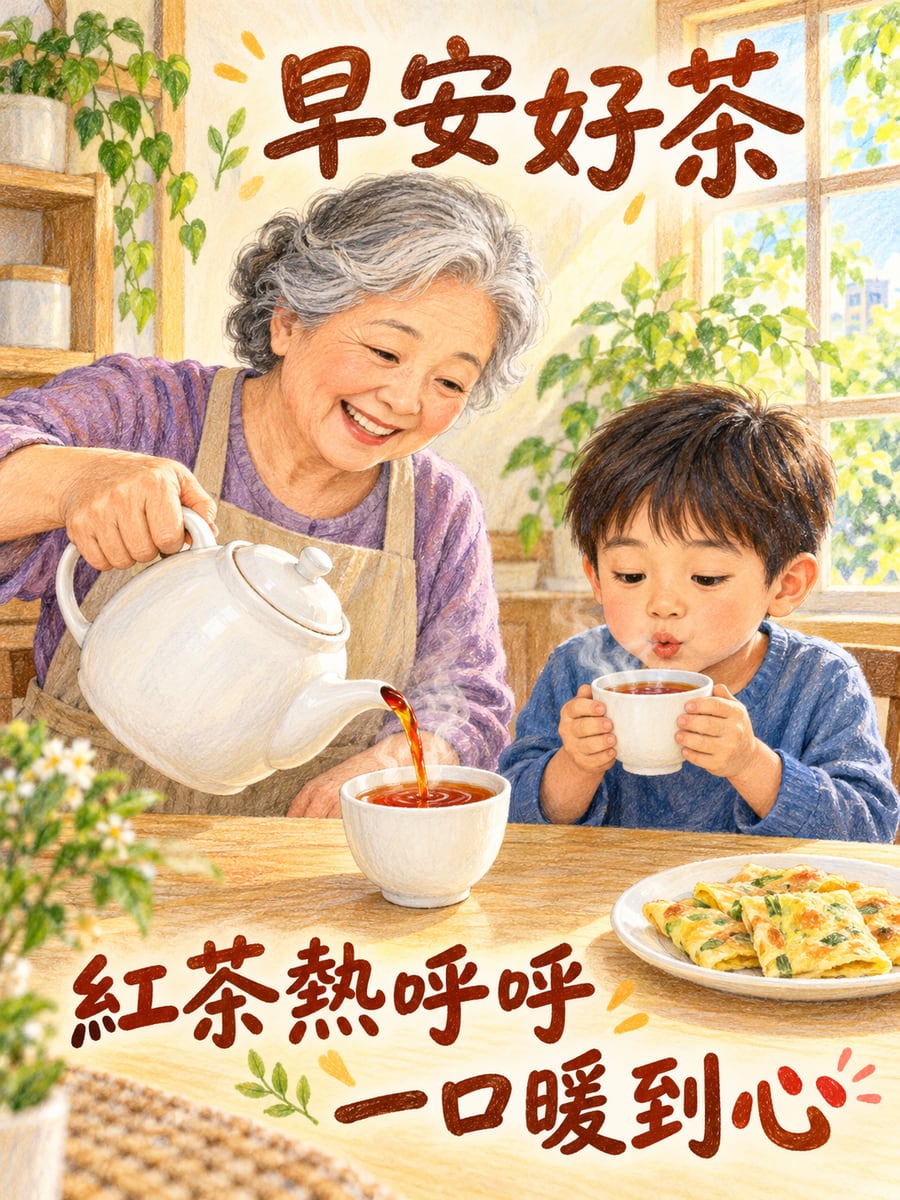 阿嬤泡的熱紅茶。圖中文字：早安好茶，紅茶熱呼呼，一口暖到心