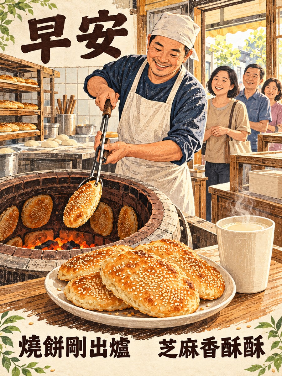 燒餅剛出爐。圖中文字：早安，燒餅剛出爐，芝麻香酥酥