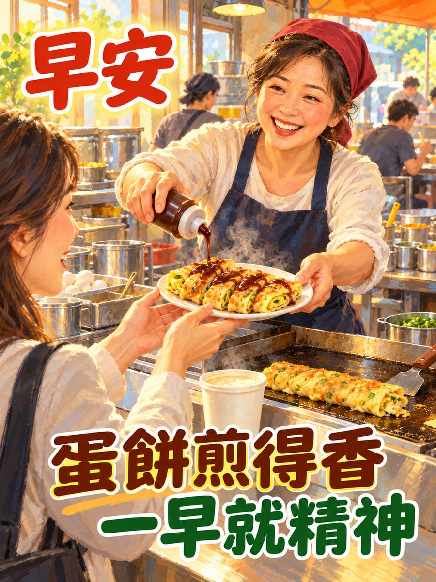 早餐店煎蛋餅。圖中文字：早安，蛋餅煎得香，一早就精神
