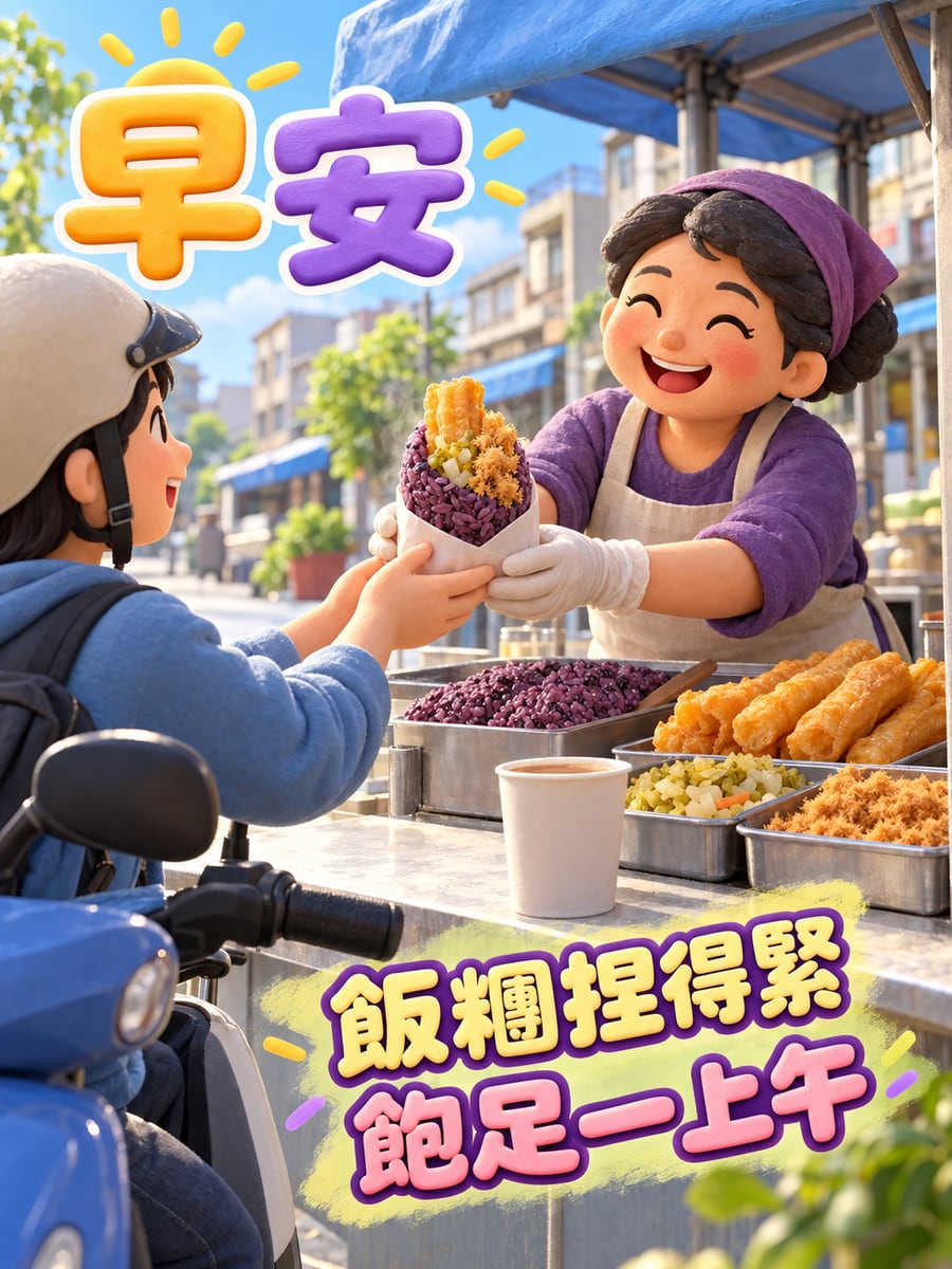 飯糰攤。圖中文字：早安，飯糰捏得緊，飽足一上午