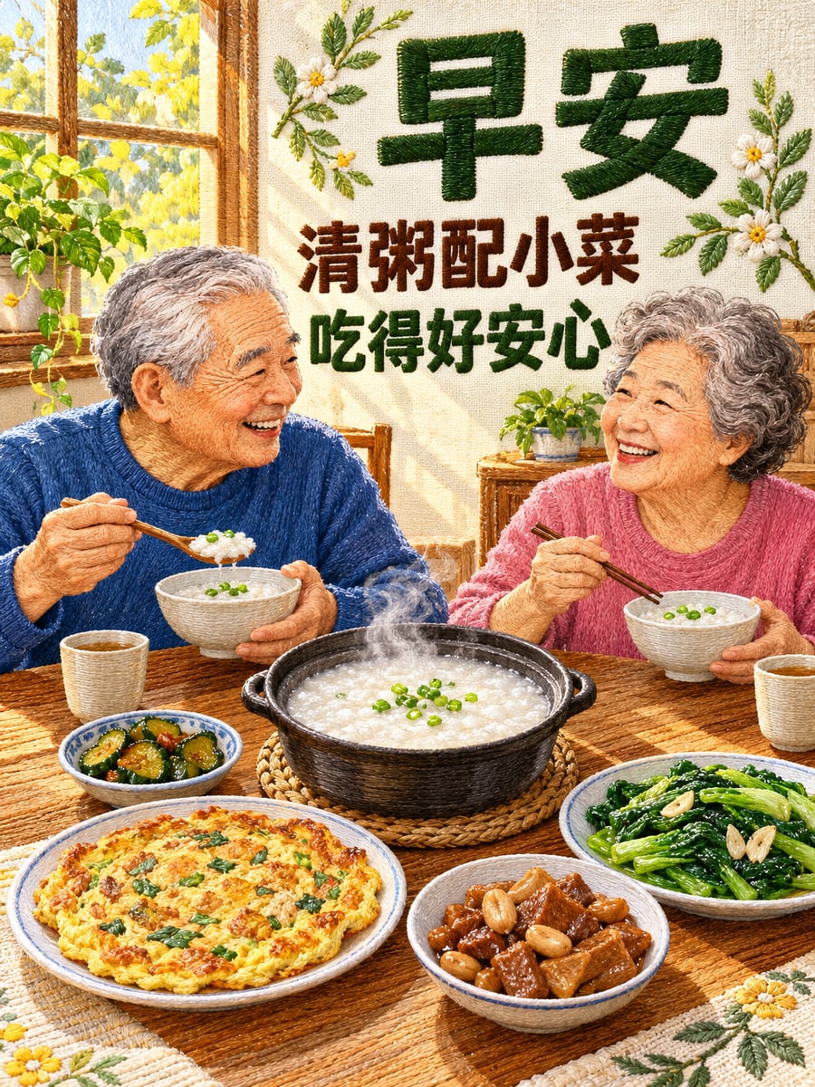 清粥小菜。圖中文字：早安，清粥配小菜，吃得好安心