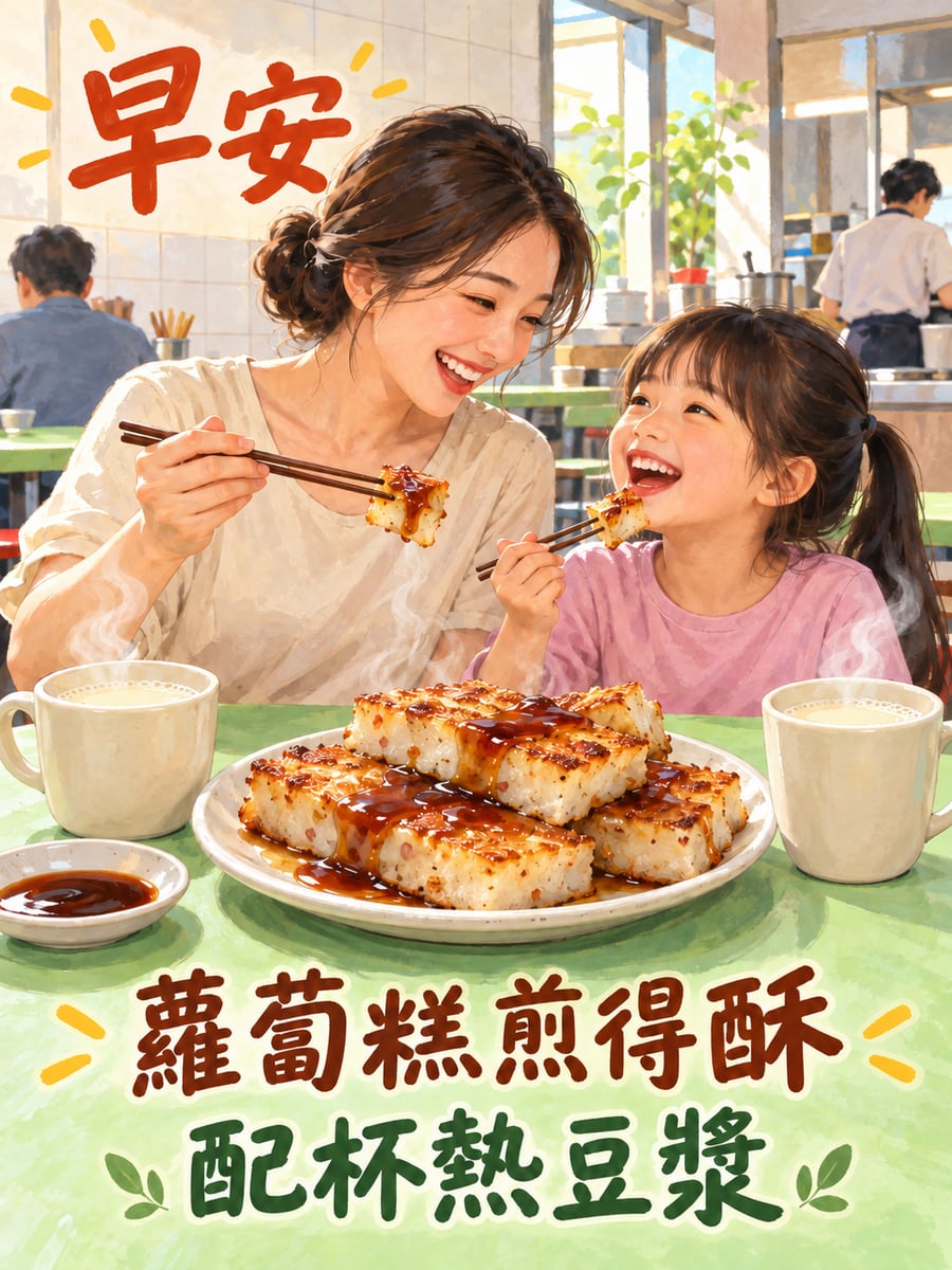 蘿蔔糕配熱豆漿。圖中文字：早安，蘿蔔糕煎得酥，配杯熱豆漿