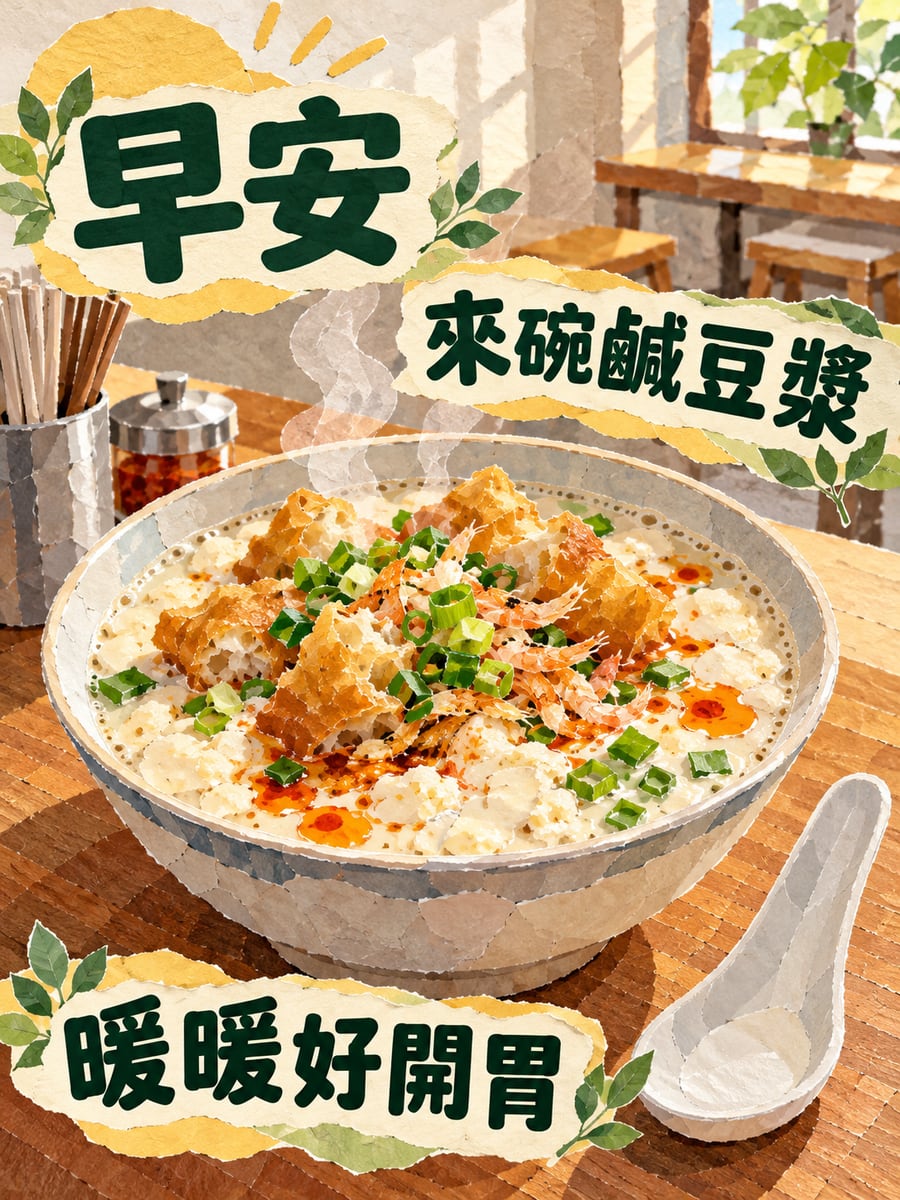 鹹豆漿。圖中文字：早安，來碗鹹豆漿，暖暖好開胃