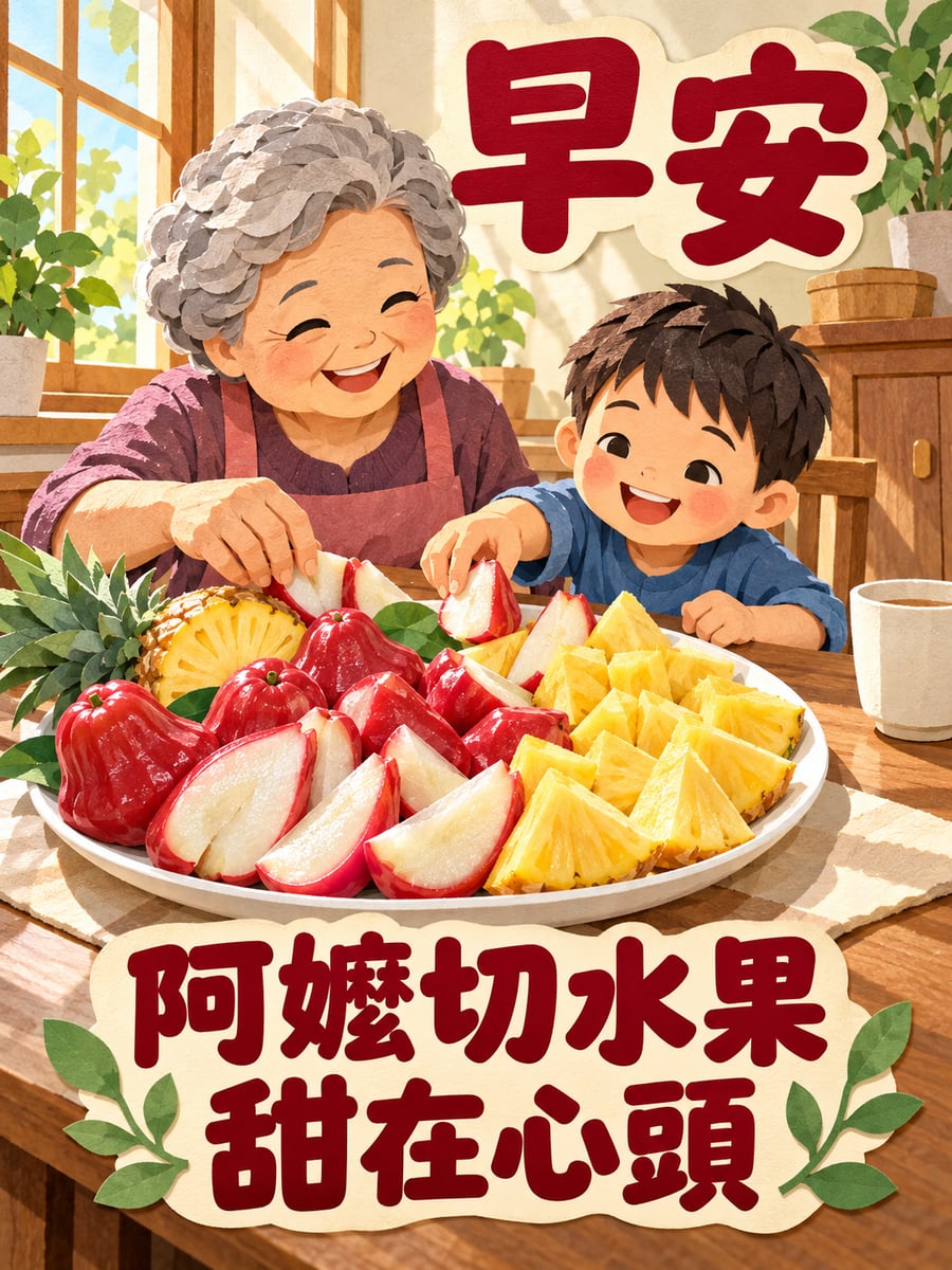 阿嬤切水果。圖中文字：早安，阿嬤切水果，甜在心頭