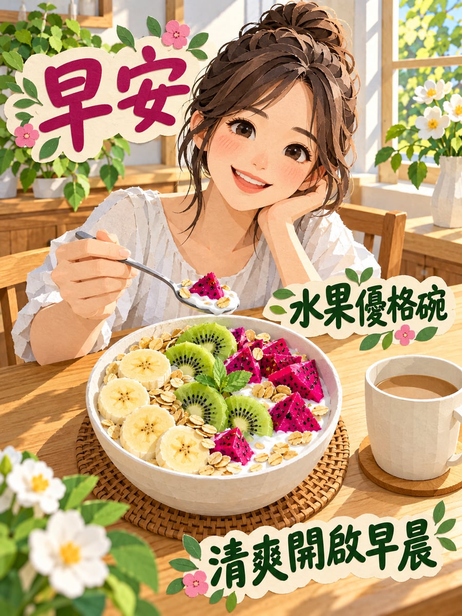 水果優格碗。圖中文字：早安，水果優格碗，清爽開啟早晨