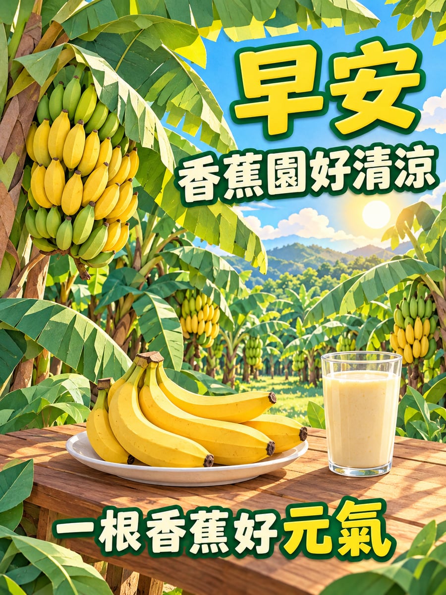 香蕉園的早晨。圖中文字：早安，香蕉園好清涼，一根香蕉好元氣