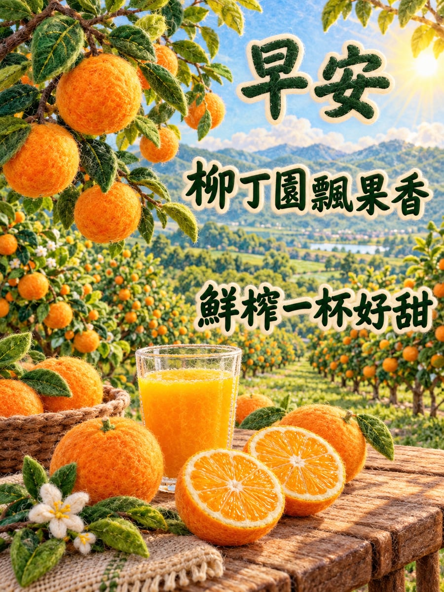 柳丁園鮮榨汁。圖中文字：早安，柳丁園飄果香，鮮榨一杯好甜