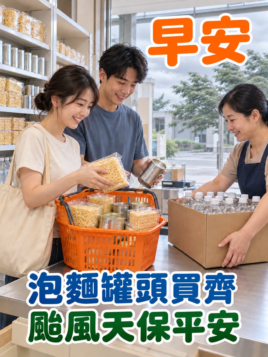 雜貨店補泡麵罐頭。圖中文字：早安，泡麵罐頭買齊，颱風天保平安