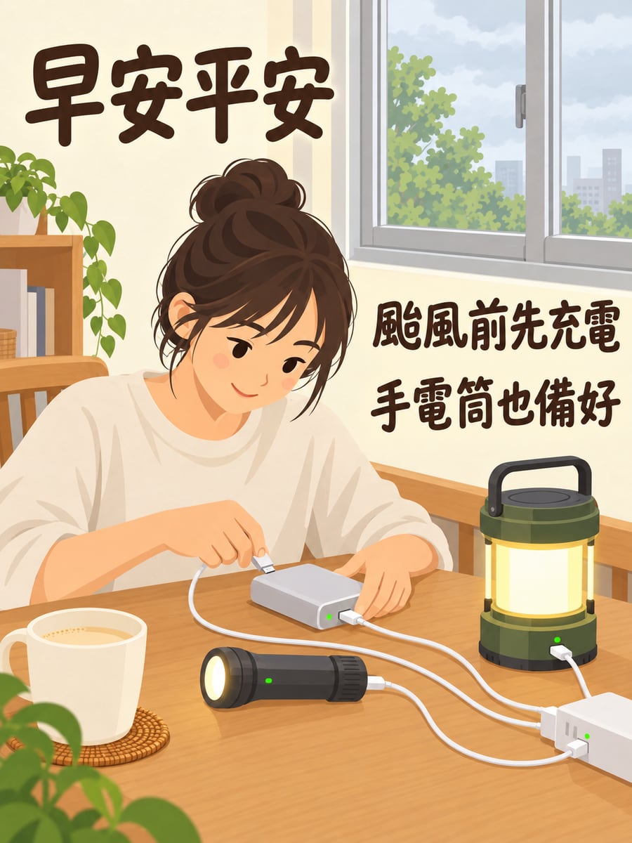 行動電源和露營燈充電。圖中文字：早安平安，颱風前先充電，手電筒也備好