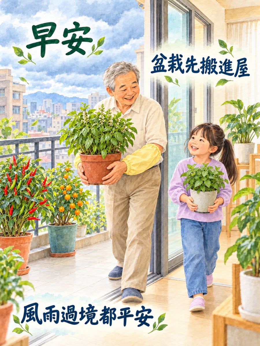 阿公把盆栽搬進屋。圖中文字：早安，盆栽先搬進屋，風雨過境都平安