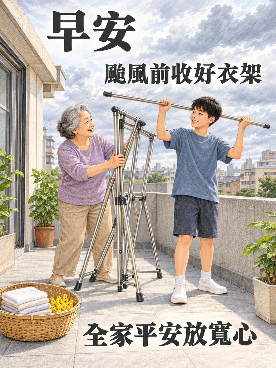 阿嬤和孫子收曬衣架。圖中文字：早安，颱風前收好衣架，全家平安放寬心
