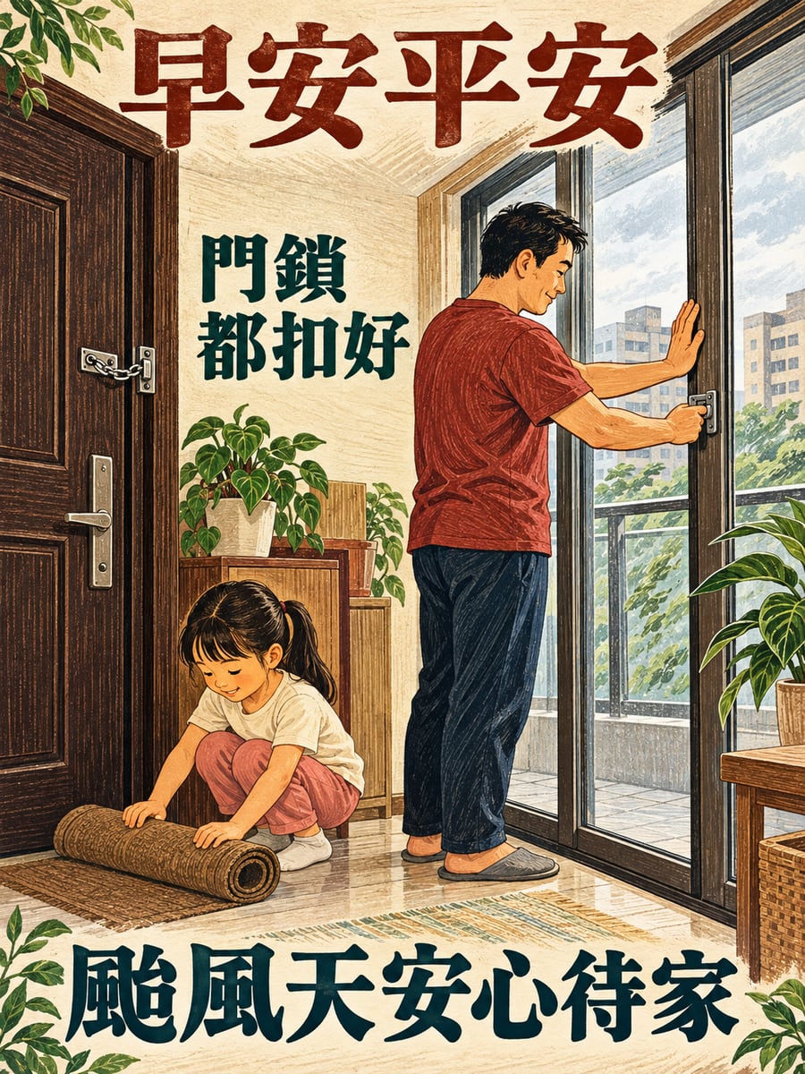 爸爸把門鎖都扣好。圖中文字：早安平安，門鎖都扣好，颱風天安心待家