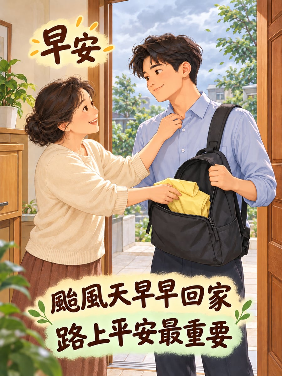 出門前叮嚀早點回家。圖中文字：早安，颱風天早早回家，路上平安最重要