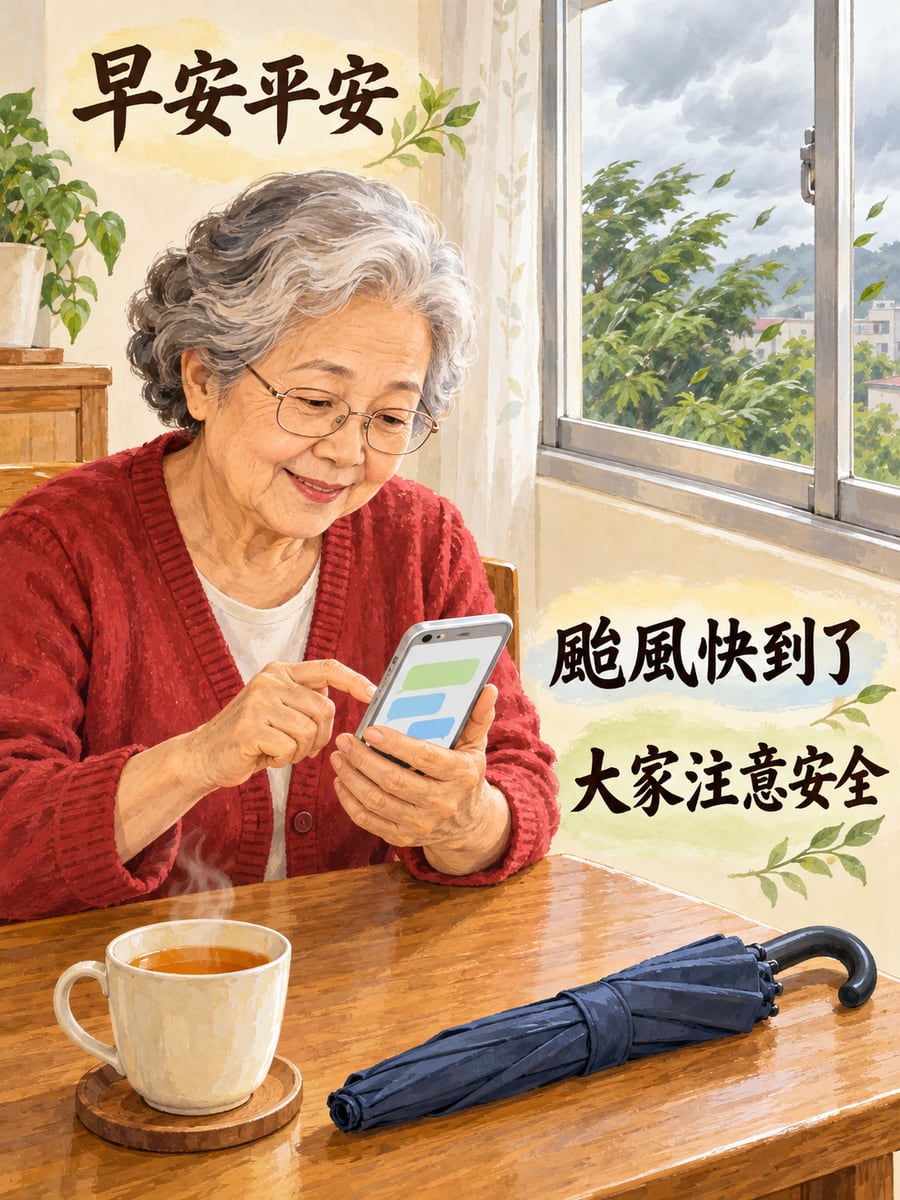 阿嬤傳訊息叮嚀大家。圖中文字：早安平安，颱風快到了，大家注意安全