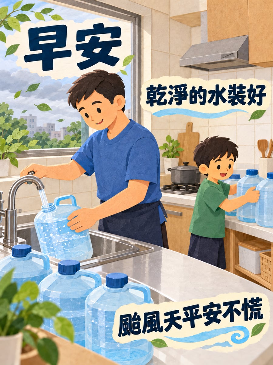 乾淨的水先裝好。圖中文字：早安，乾淨的水裝好，颱風天平安不慌