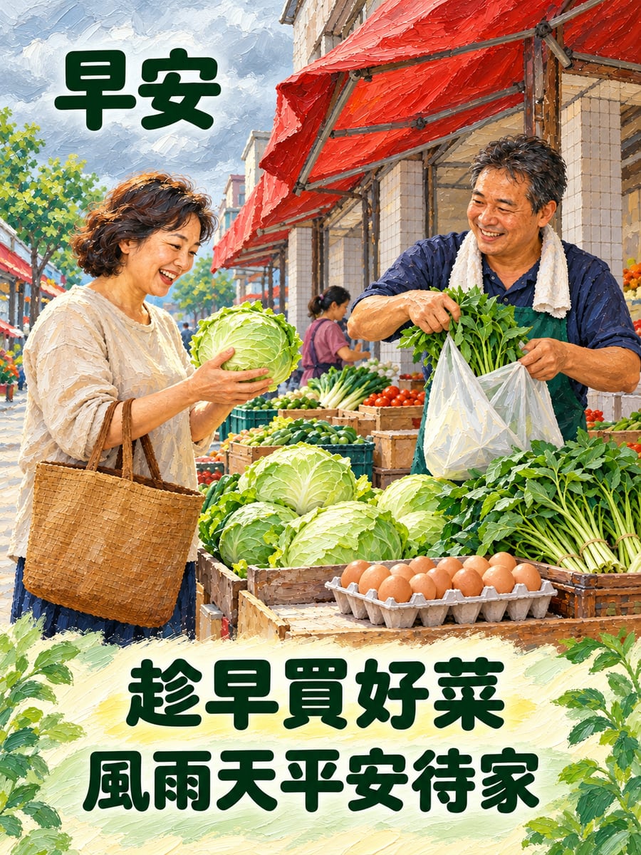 趁早到市場買菜。圖中文字：早安，趁早買好菜，風雨天平安待家