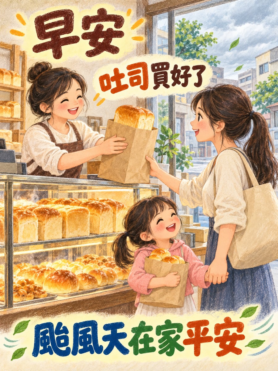 麵包店多買幾條吐司。圖中文字：早安，吐司買好了，颱風天在家平安