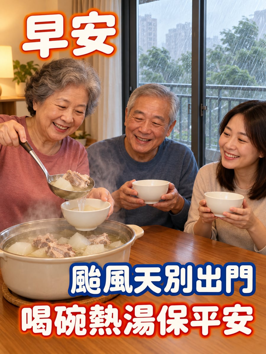 阿嬤舀熱湯。圖中文字：早安，颱風天別出門，喝碗熱湯保平安