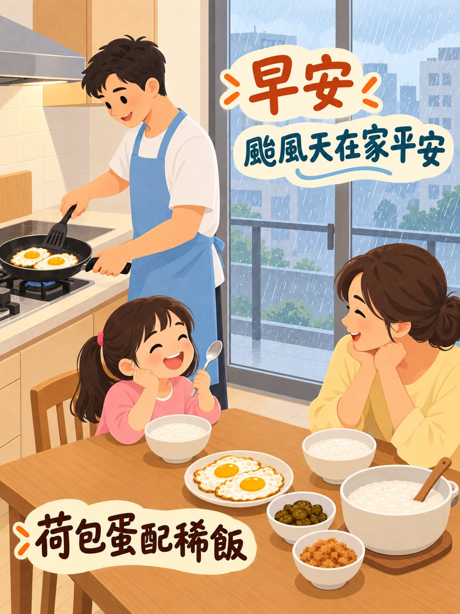 爸爸煎荷包蛋。圖中文字：早安，颱風天在家平安，荷包蛋配稀飯