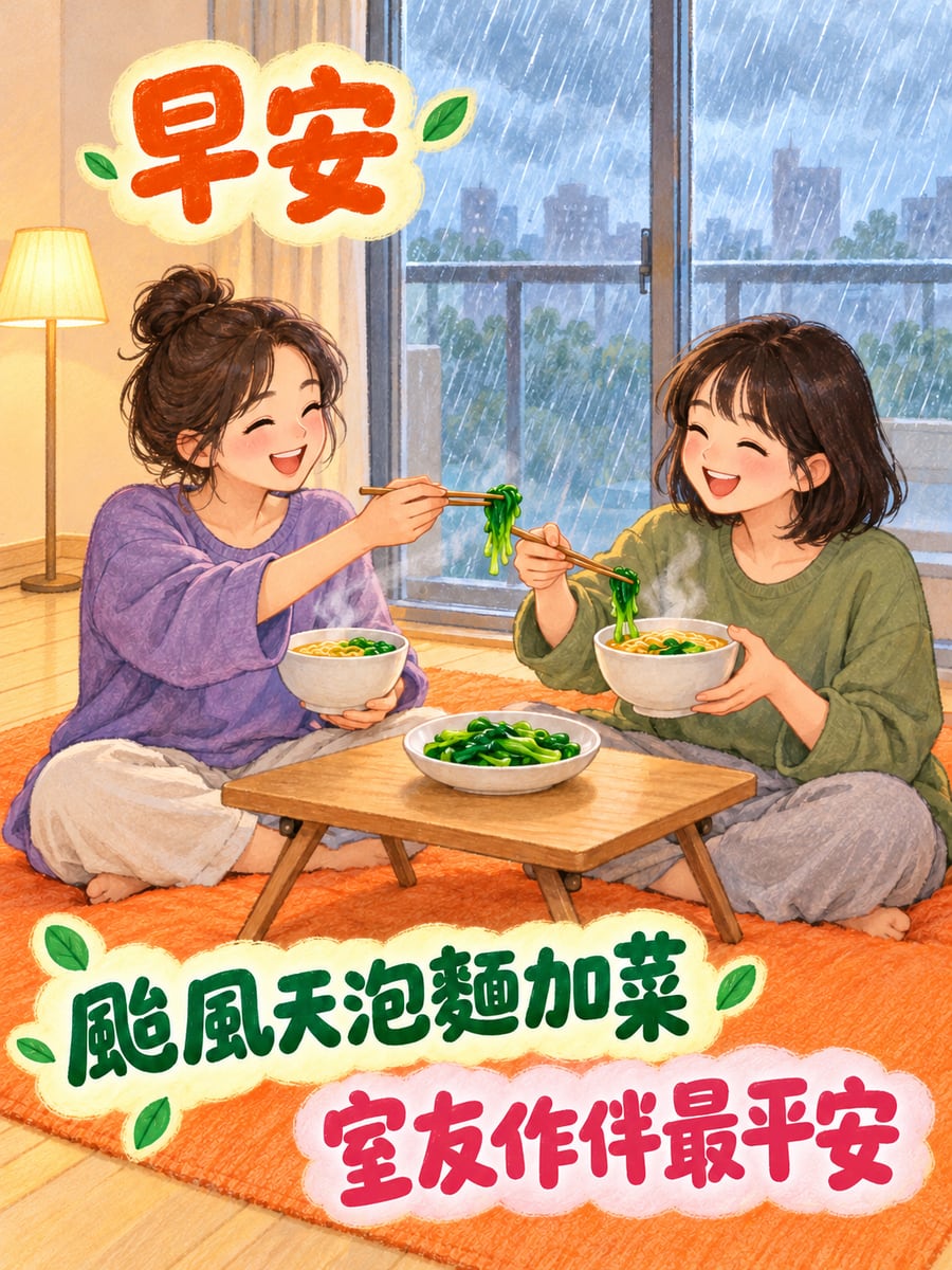 室友一起吃泡麵。圖中文字：早安，颱風天泡麵加菜，室友作伴最平安