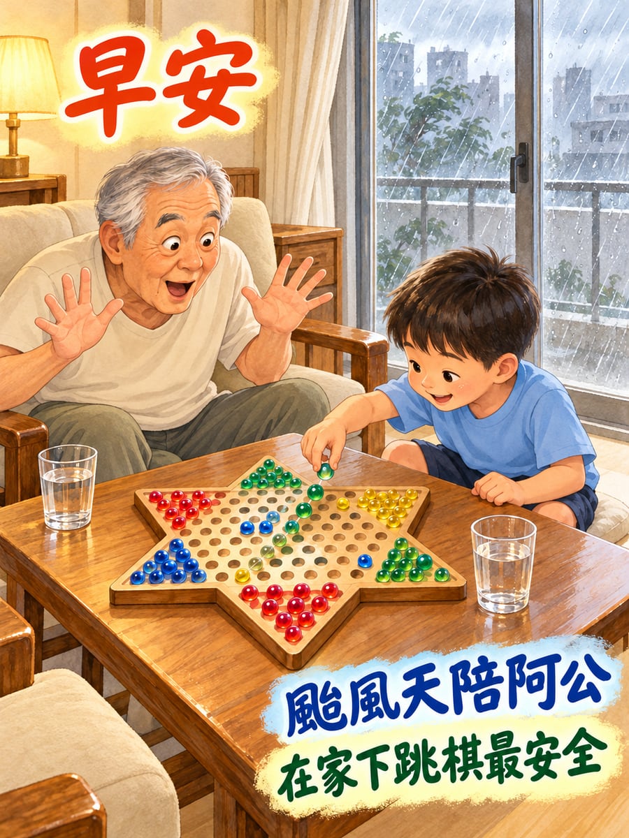 陪阿公下跳棋。圖中文字：早安，颱風天陪阿公，在家下跳棋最安全