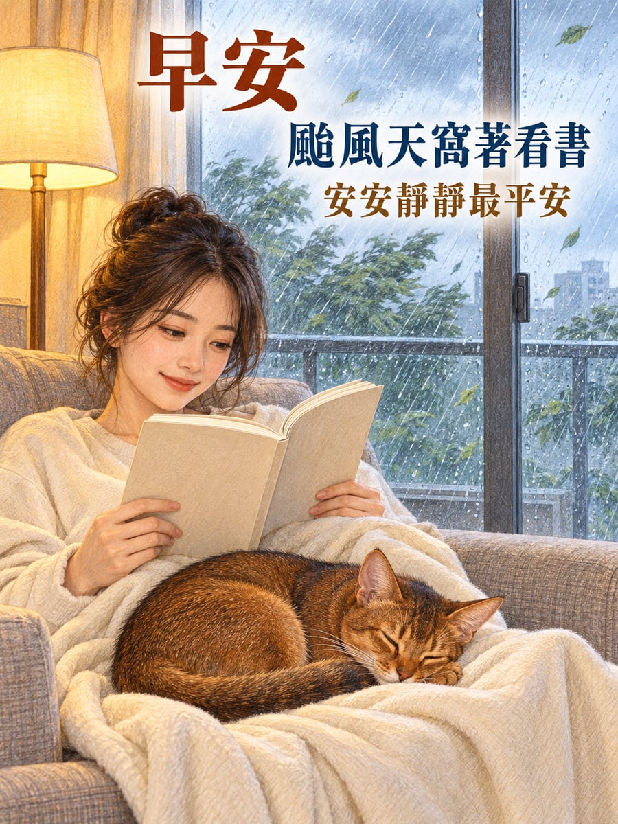 窩著看書的颱風天。圖中文字：早安，颱風天窩著看書，安安靜靜最平安