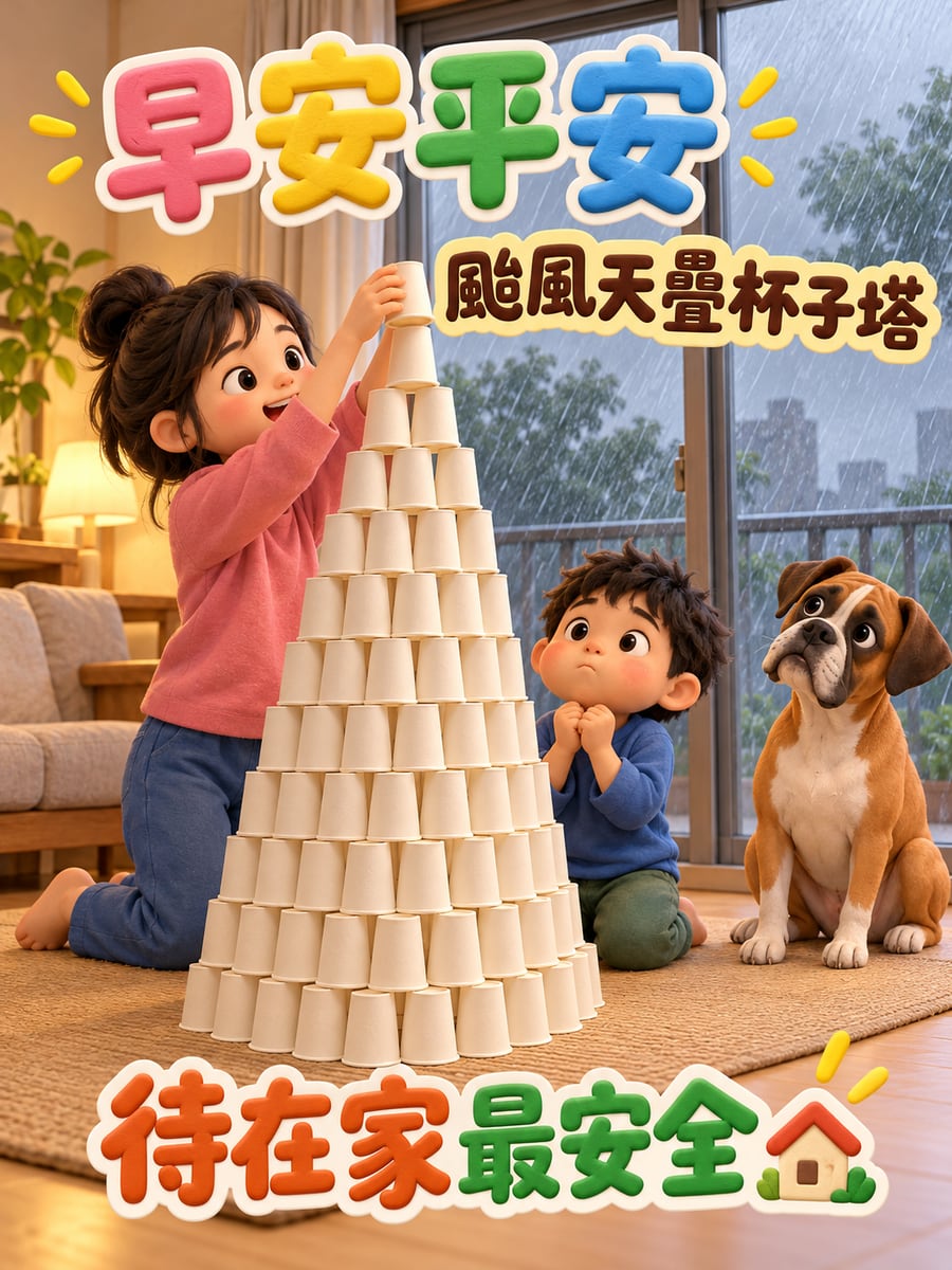 姊弟疊杯子塔。圖中文字：早安平安，颱風天疊杯子塔，待在家最安全
