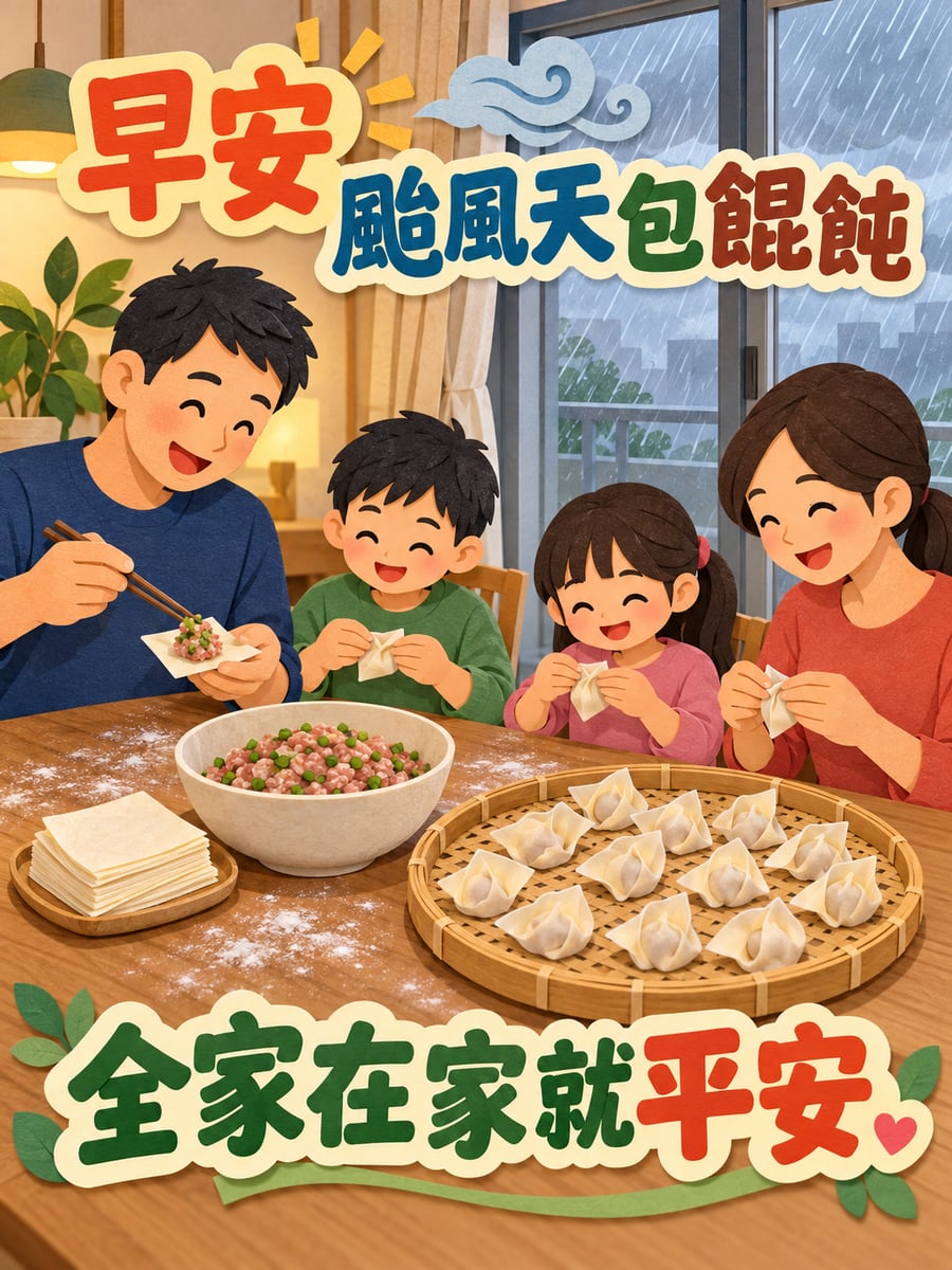 全家包餛飩。圖中文字：早安，颱風天包餛飩，全家在家就平安
