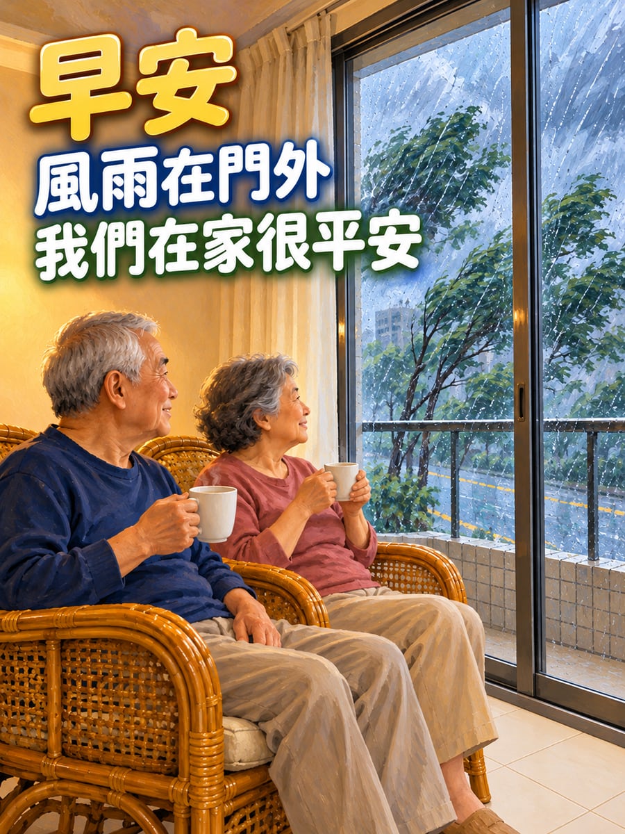 阿公阿嬤喝熱茶看雨。圖中文字：早安，風雨在門外，我們在家很平安
